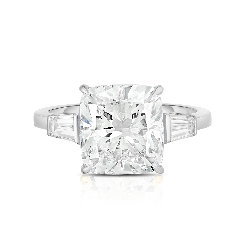 Three Stone Cushion Cut Diamond Engagement Ring With Tapered Baguettes | Marisa Perry by Douglas Elliott