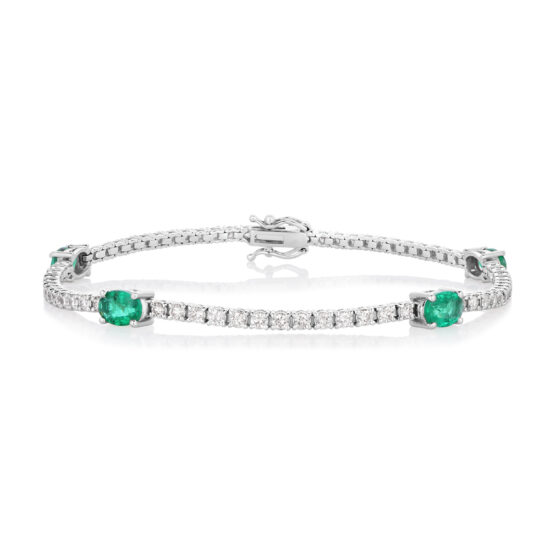 Diamond Tennis Bracelet with Oval Green Emeralds 18k White Gold