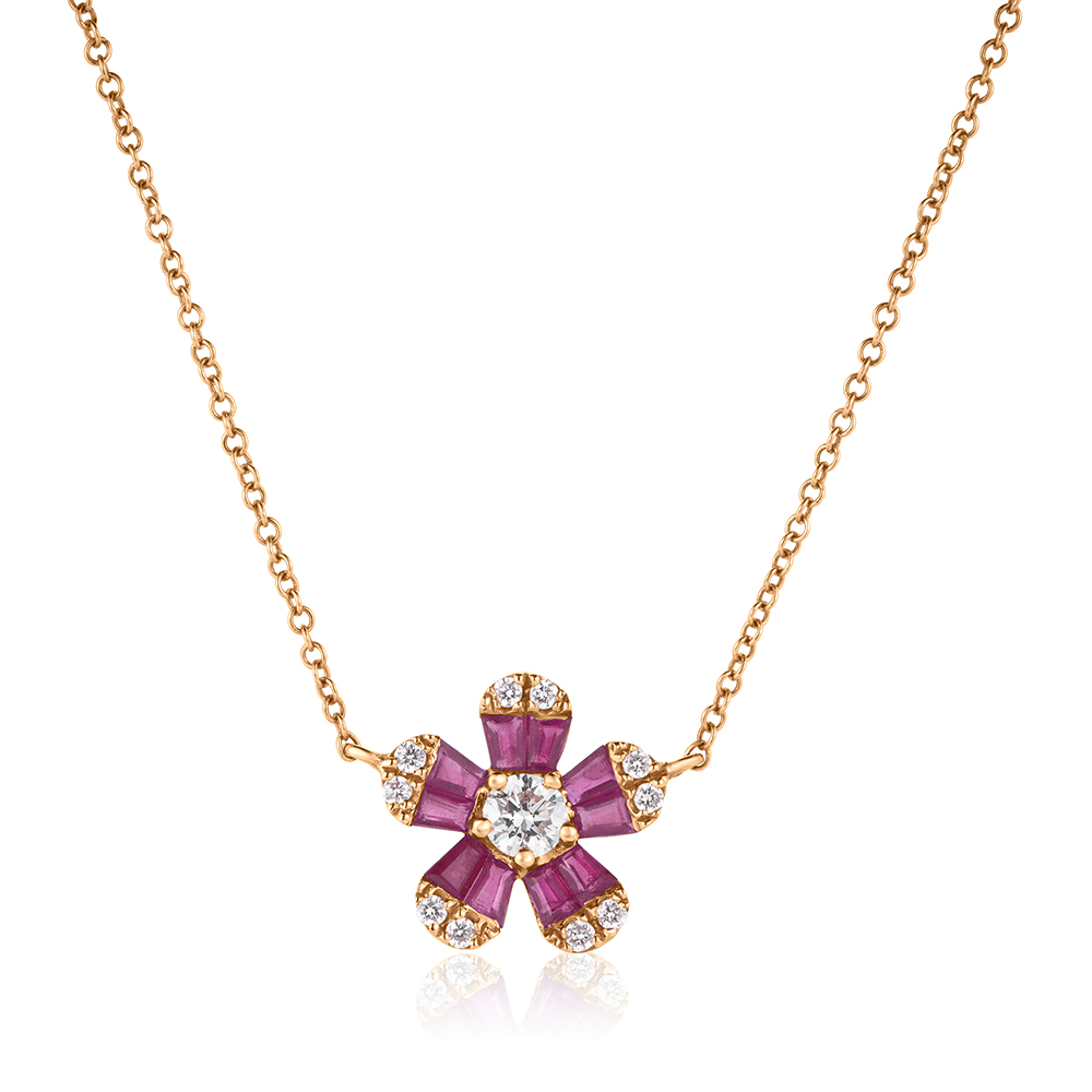 Ruby and Diamond Flower Necklace 14k Rose Gold
