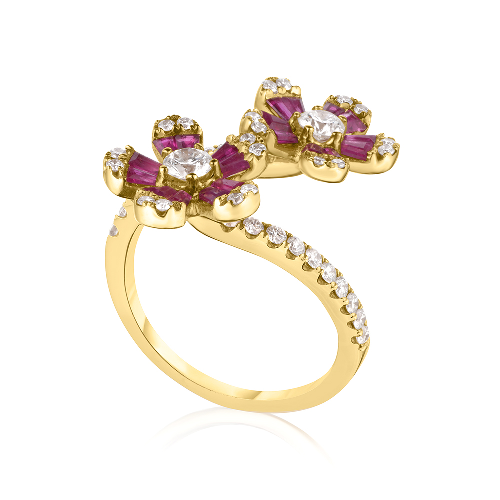Ruby and Diamond Flower Ring 14k Yellow Gold