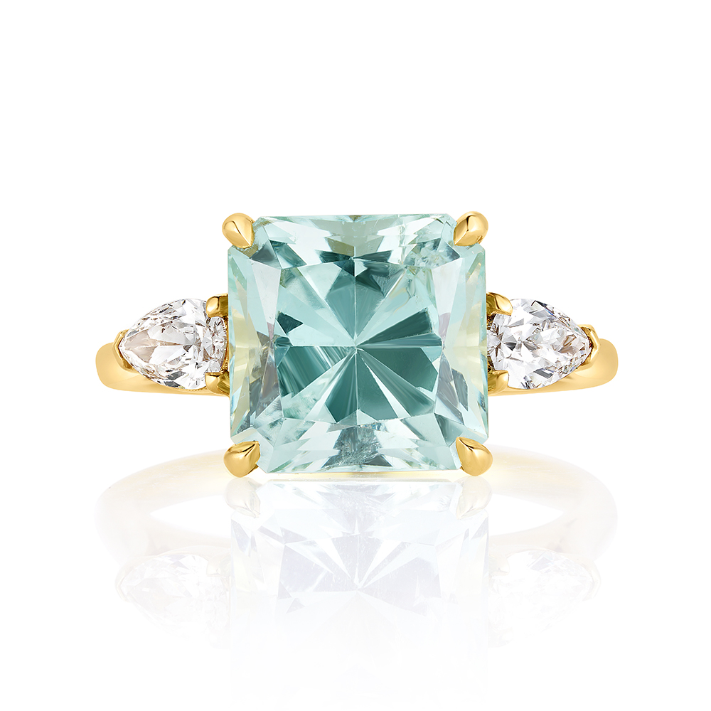 Pale Blue-Green Tourmaline Three Stone Ring with Pear Shape Diamond Side Stones 18K Yellow Gold | Marisa Perry by Douglas Elliott