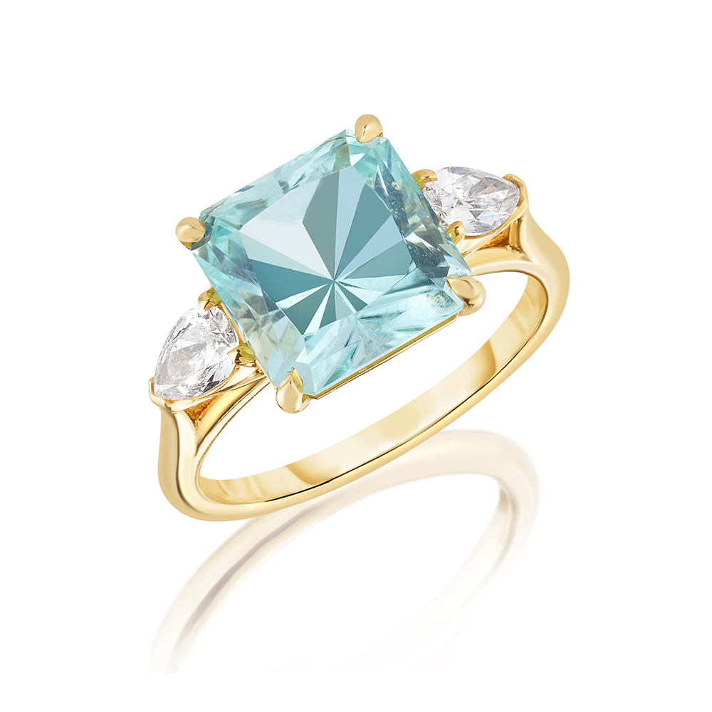 Pale Blue-Green Tourmaline Three Stone Ring with Pear Shape Diamond Side Stones 18K Yellow Gold | Marisa Perry by Douglas Elliott