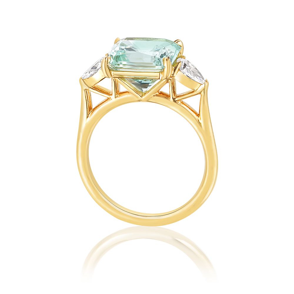 Pale Blue-Green Tourmaline Three Stone Ring with Pear Shape Diamond Side Stones 18K Yellow Gold | Marisa Perry by Douglas Elliott