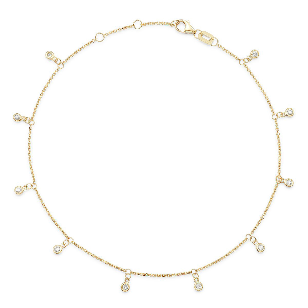 14k Gold Chain Anklet with Dangling Diamonds Station Style