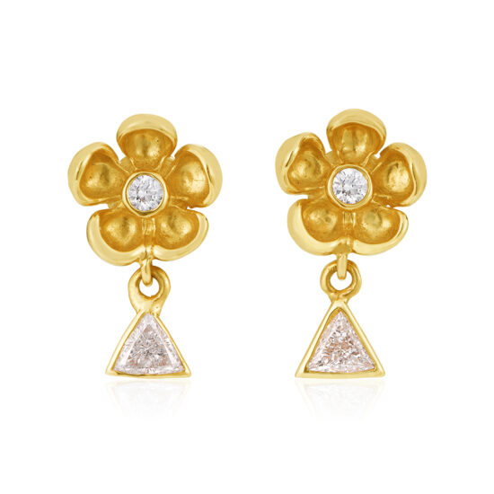 Five Petal Gold and Diamond Flower Earring with a Trillion Accent 14K Yellow Gold | Marisa Perry by Douglas Elliott