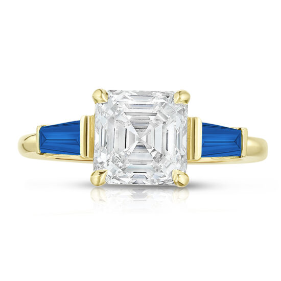 The Asscher Cut Three Stone Ring with Blue Sapphire Tapered Baguettes