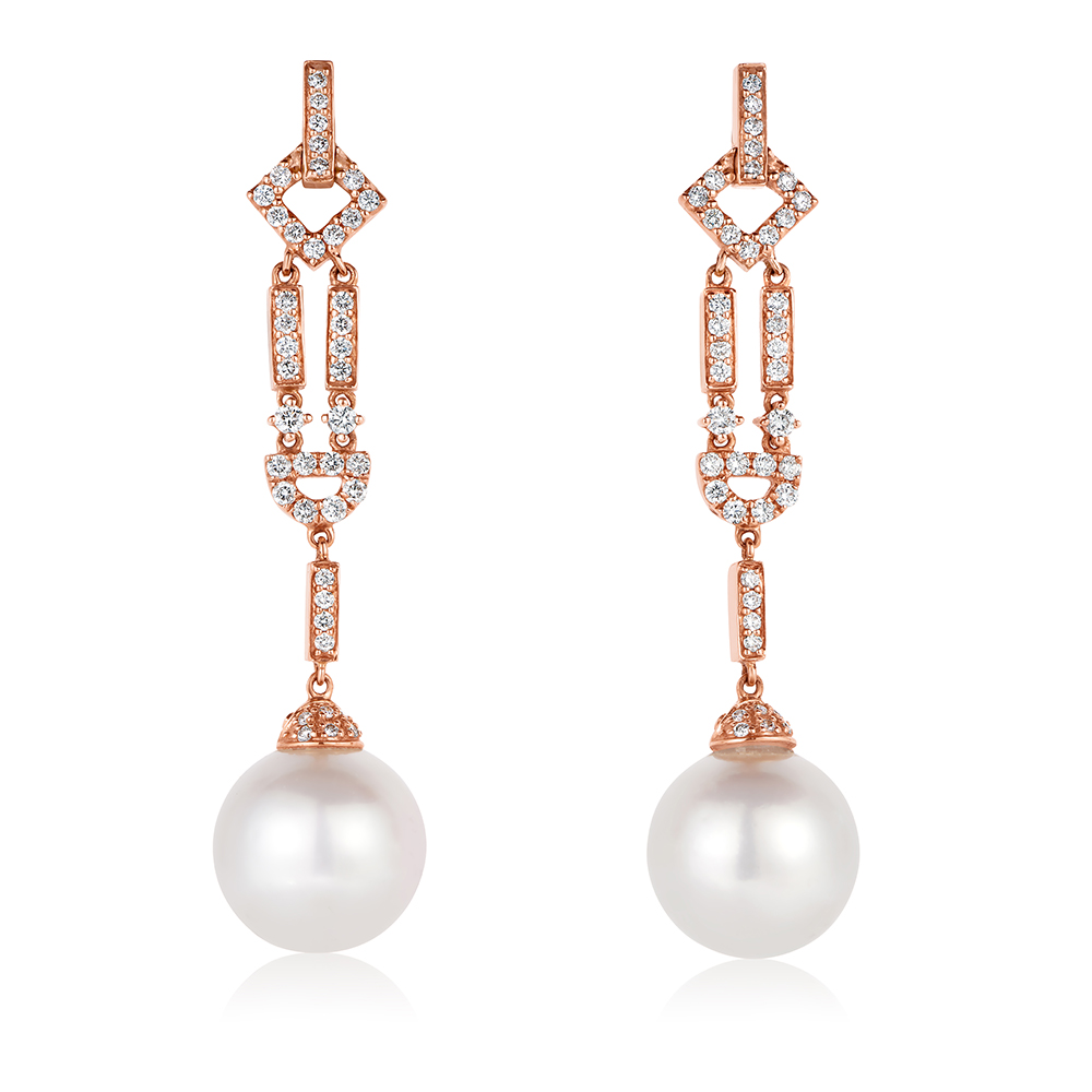 Art Deco Rose Gold and Diamond Drop Empire Earring with Pearls | Marisa Perry by Douglas Elliott