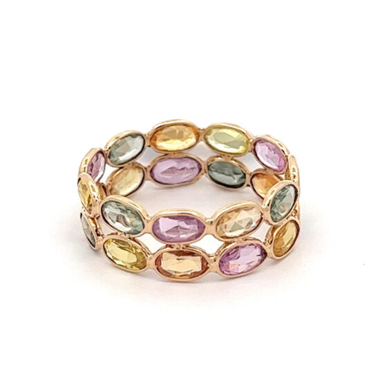 Multicolor Sapphire Double Row Ring 18k Yellow Gold