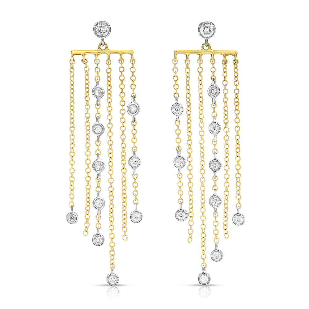 Cascading Bezel Set Diamond Fringe Station Earring 14K Yellow Gold