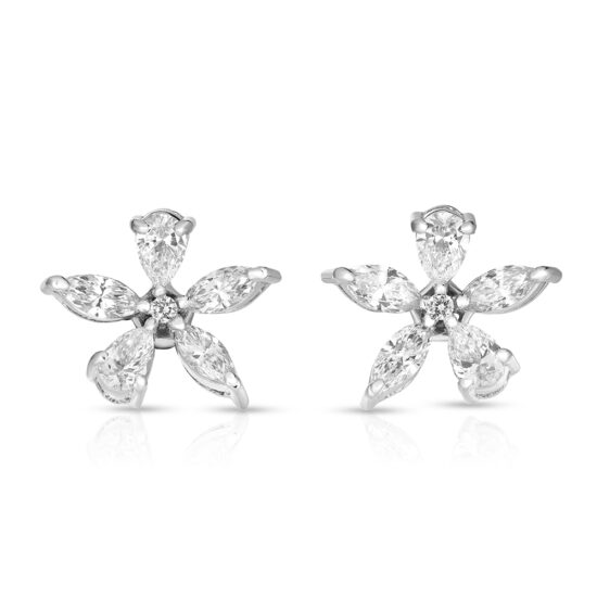 14K White Gold Diamond Flower Earrings - 1.57 Carats