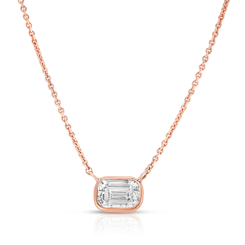 Rose Gold Bezel Set Emerald Cut Diamond Pendant set Horizontally