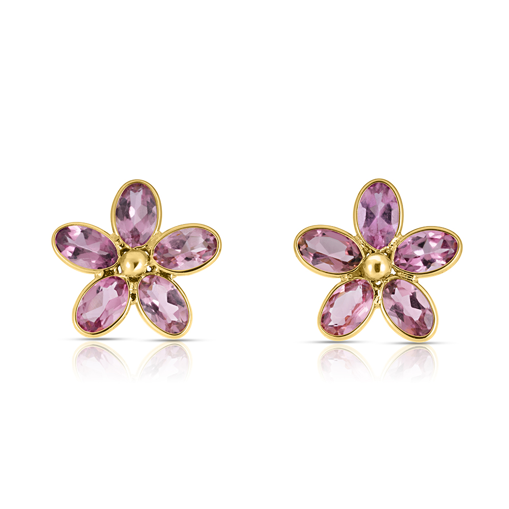 18K Yellow Gold Pink Sapphire Flower Earrings - 0.52 Carats