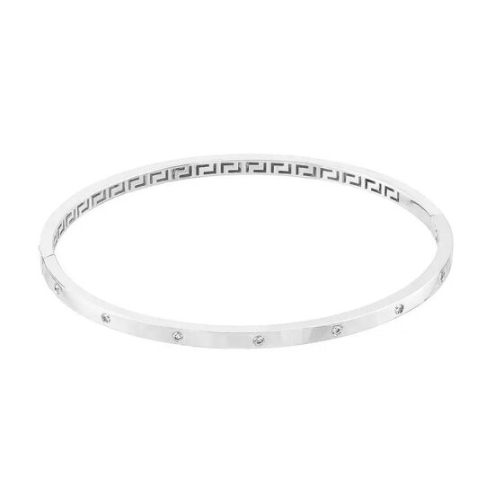 14K White Gold Diamond Bangle Bracelet with Greek Key Design