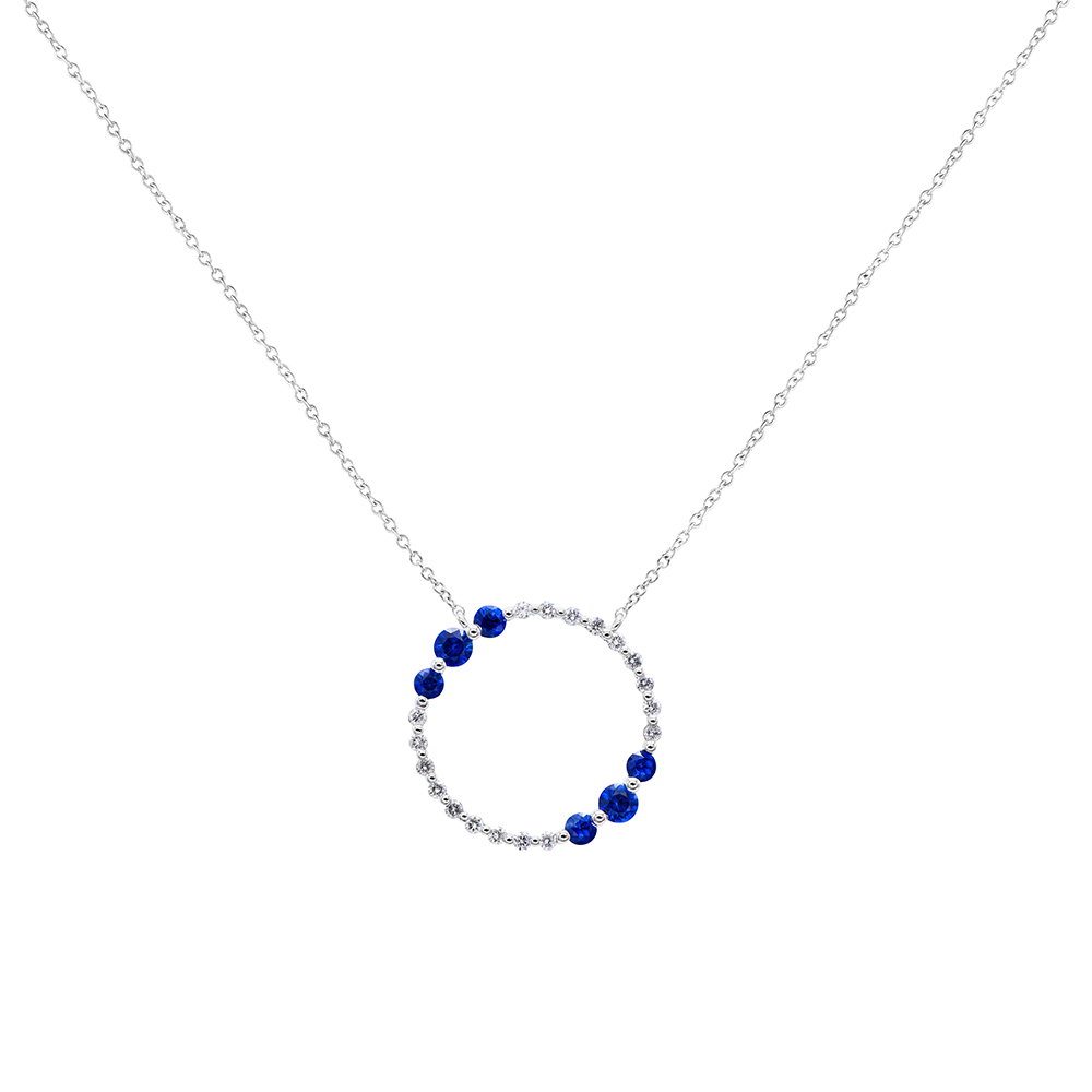 18K White Gold Sapphire and Diamond Circle Pendant Necklace