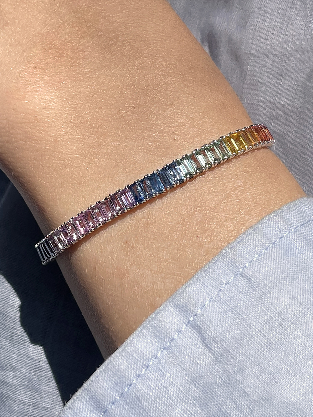 18K White Gold Baguette Ombre Rainbow Tennis Bracelet