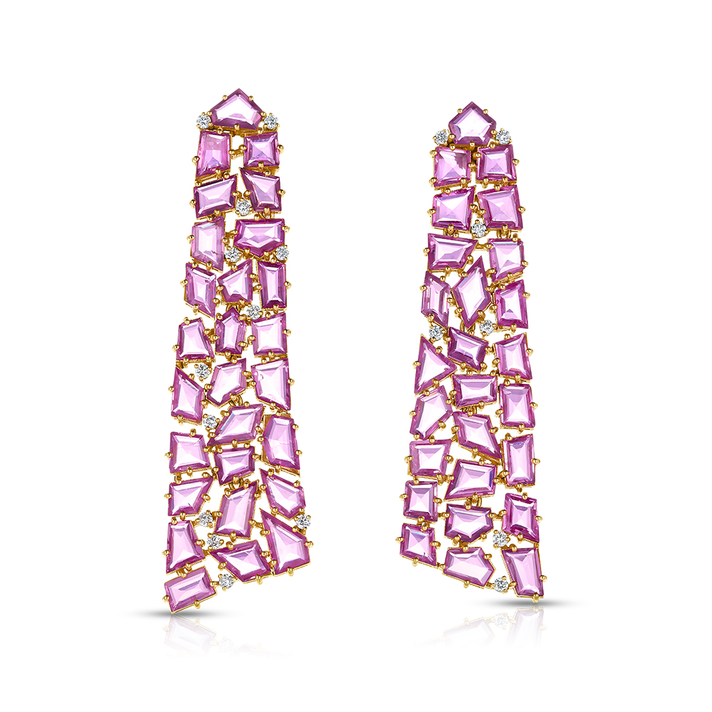 18k Yellow Gold Pink Sapphire and Diamond Drop Earring