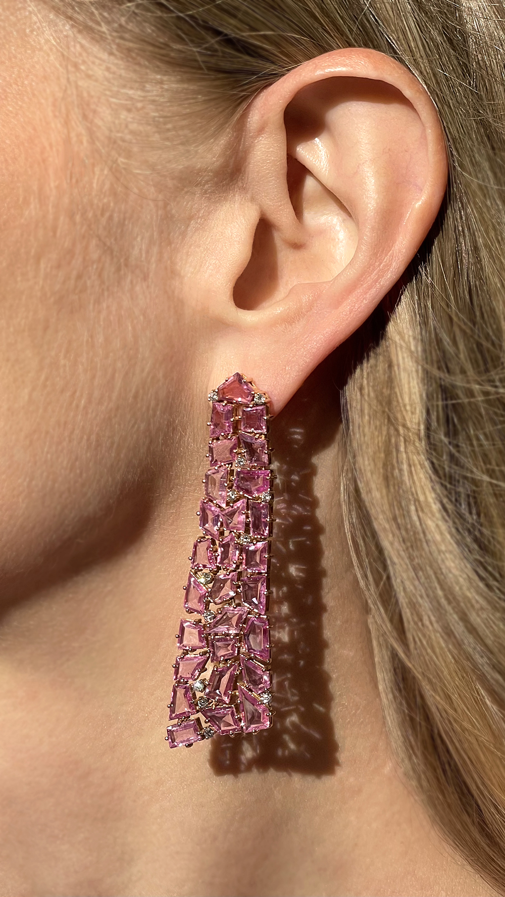 18k Yellow Gold Pink Sapphire and Diamond Drop Earring