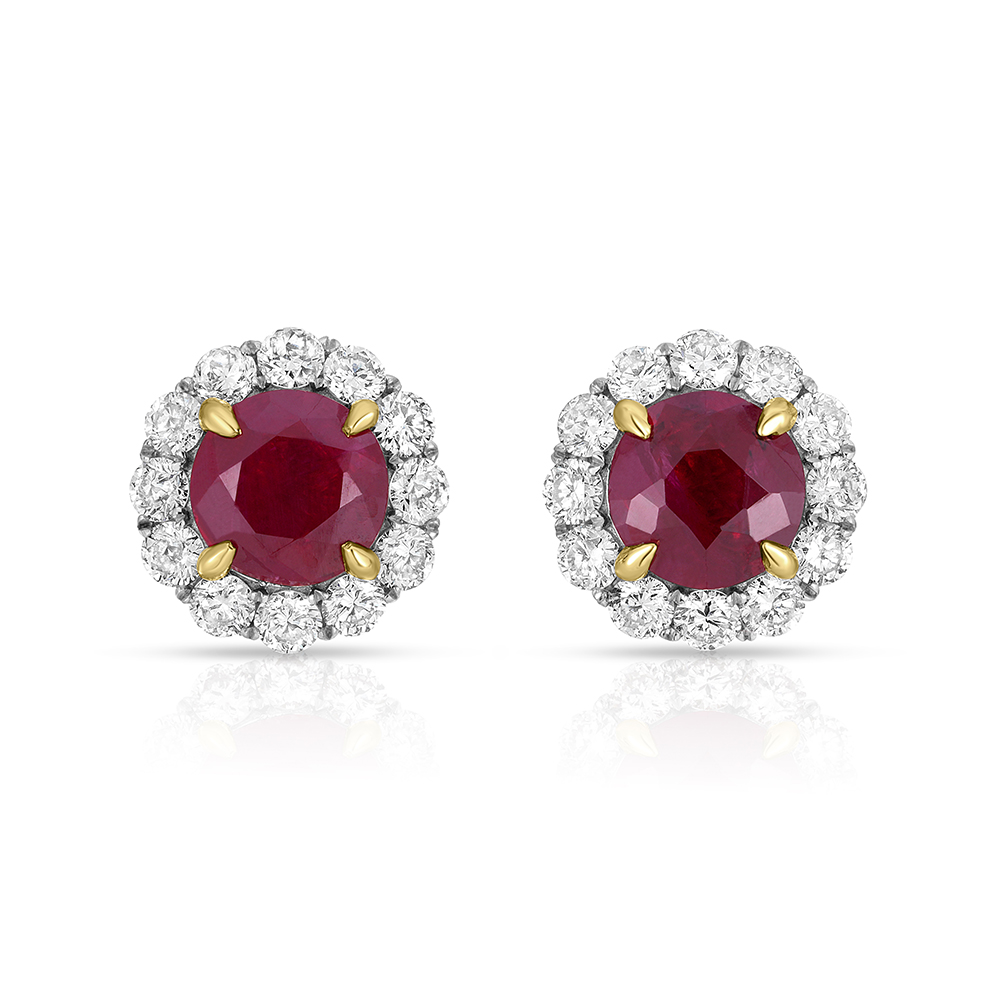 18K Yellow Gold Ruby and Diamond Halo Stud Earrings