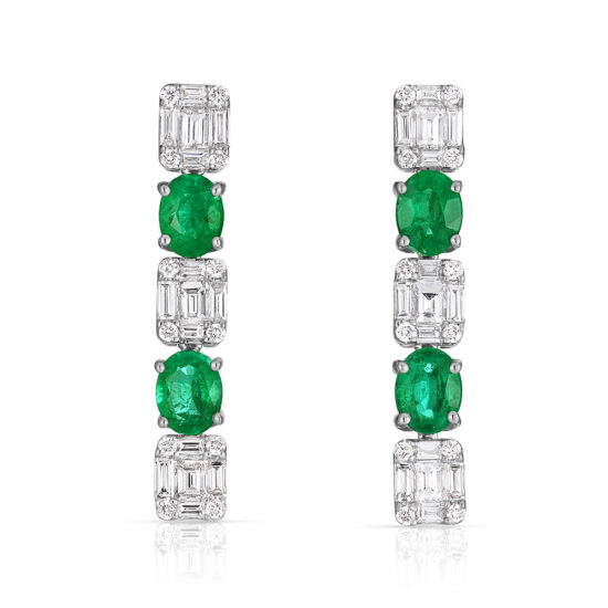 Diamond and Green Emerald Drop Earrings 18K White Gold