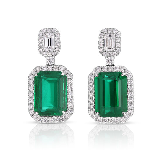 18K White Gold Emerald and Diamond Drop Earrings