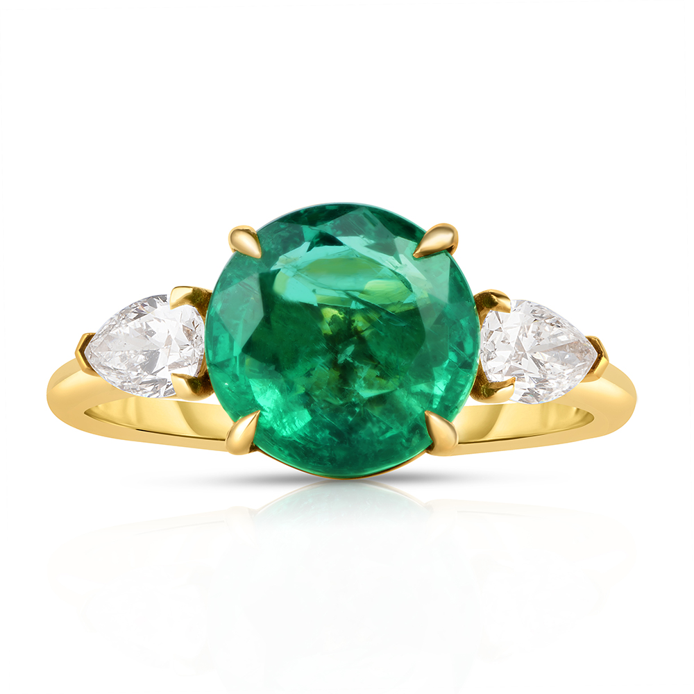 2.25 Carat Round Green Emerald Three Stone Ring with Pears | Marisa Perry by Douglas Elliott