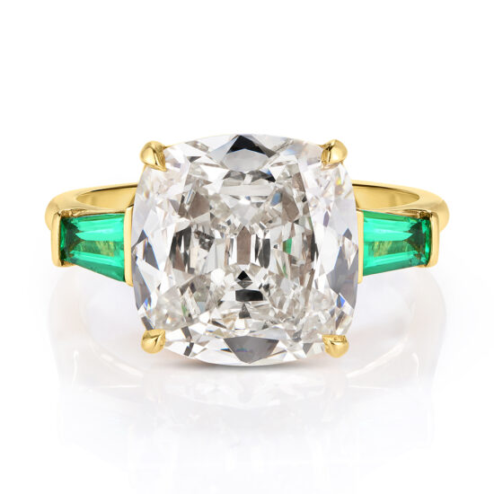 18K Yellow Gold Three Stone Cushion Cut Diamond Engagement Ring With Green Emerald Tapered Baguettes | Marisa Perry by Douglas Elliott