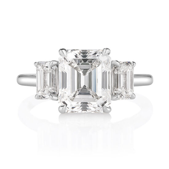 2.09 Carat Emerald Cut Diamond Three Stone Engagement Ring in Platinum | Marisa Perry by Douglas Elliott