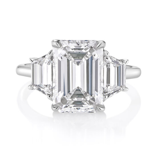 2.66 Carat Emerald Cut Diamond Three Stone Engagement Ring in Platinum | Marisa Perry by Douglas Elliott